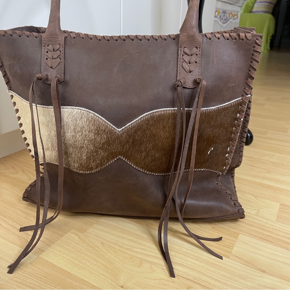 TAJU Large Leather Handmade Tote Vintage Brown with Hair on hide and fringe.